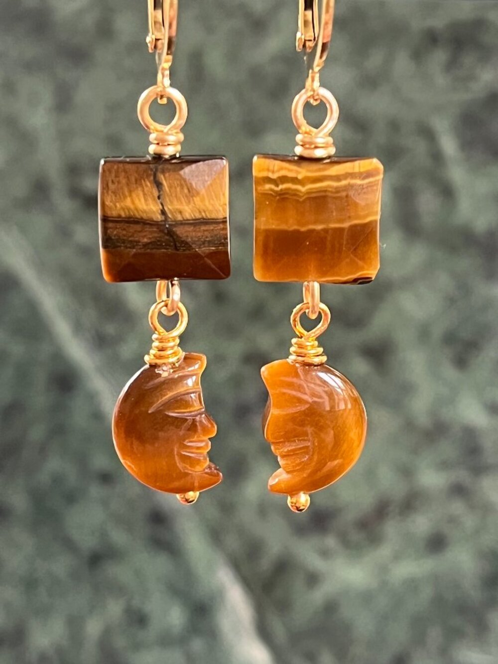 Tiger’s Eye Crescent Moon Dangle Earrings | Whimsical Gemstone Earrings